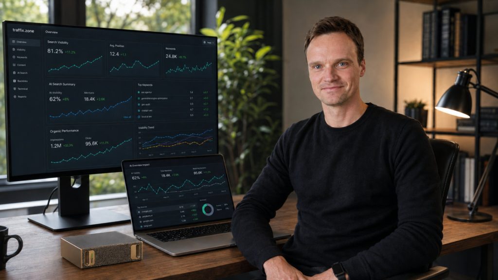 Pascal Horn am Schreibtisch, daneben Monitor mit Sichtbarkeitsdaten